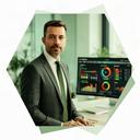 Berater in einem Wädenswiler Büro vor einem Finanzcockpit für Unternehmenskennzahlen
